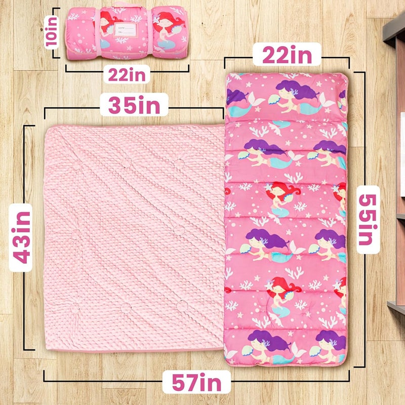 Beavtaens Toddler Nap Mat with Pillow and Minky Blanket, Large 55"x35" Sleeping Bag, Washable, Lightweight, Easy to Roll, Perfect for Preschool, Daycare, Kindergarten, Travel, Boys and Girls(Mermaid) - Image 2